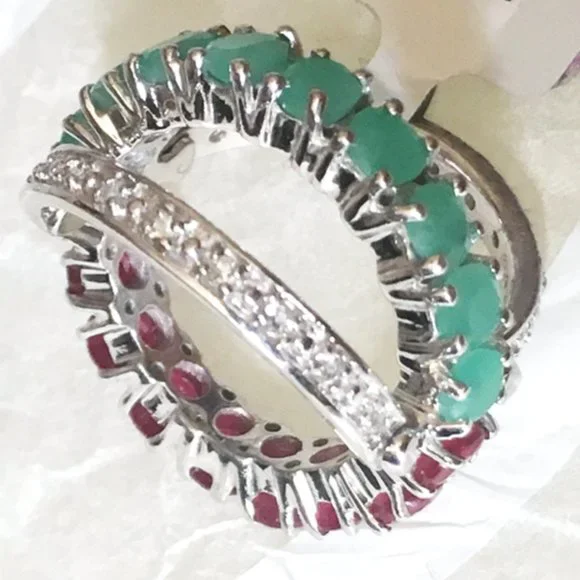 REVERSIBLE Emerald & Ruby Ring .925 Sterling Silver Genuine Gemstones - Picture 5 of 9